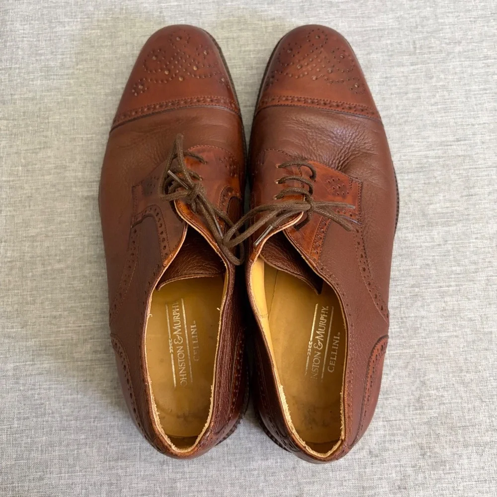 Johnston & Murphy Dress Shoes Mens 10 Brown‎ Cellini Cap Toe Brogue Oxfords